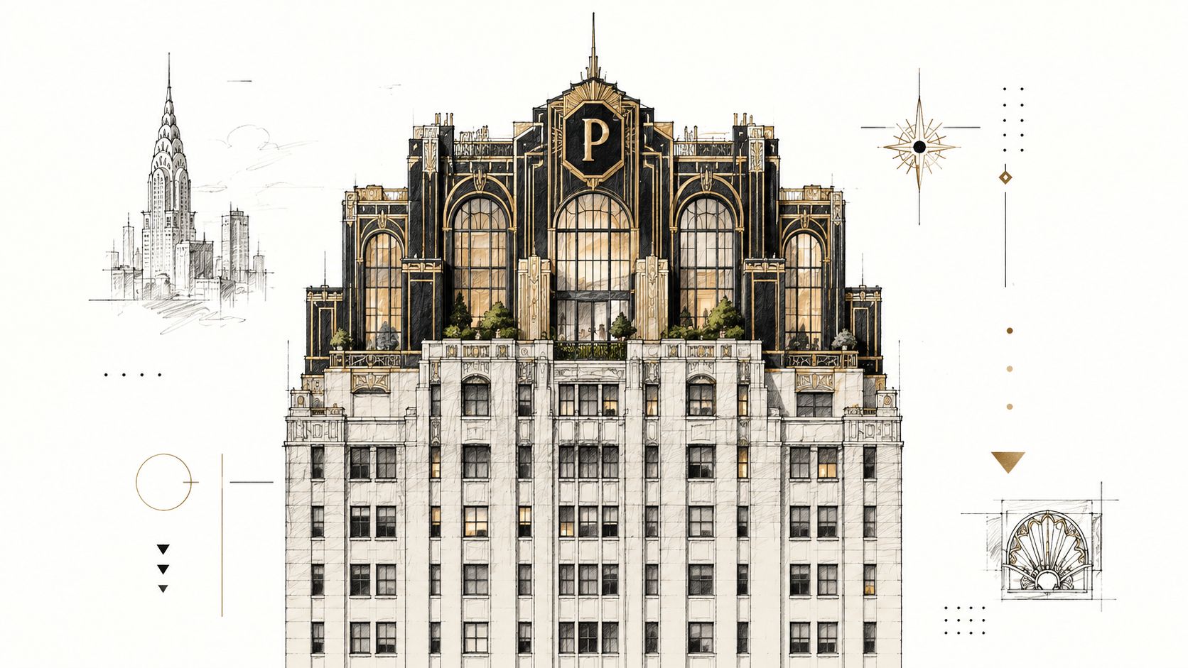 An artistic architectural illustration of a grand Art Deco penthouse building with a large letter P.