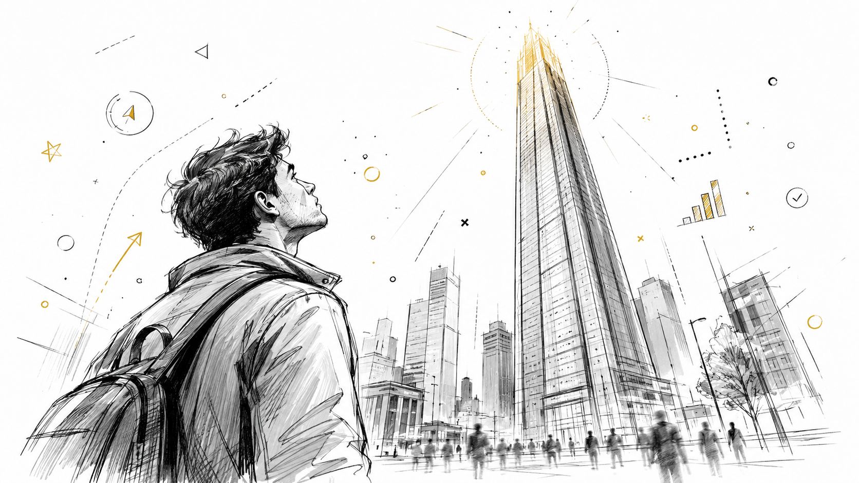A person with a backpack looking up at a modern tall skyscraper with artistic architectural sketches.