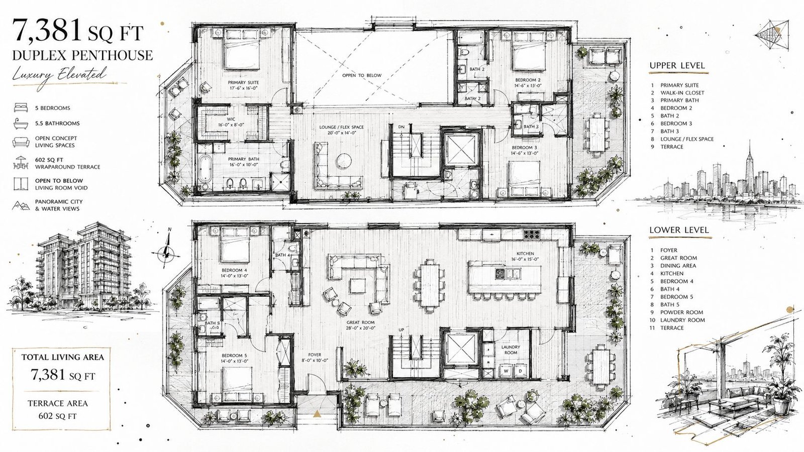 A detailed architectural sketch of a luxurious two-story penthouse apartment floor plan including terrace and layout specifications.