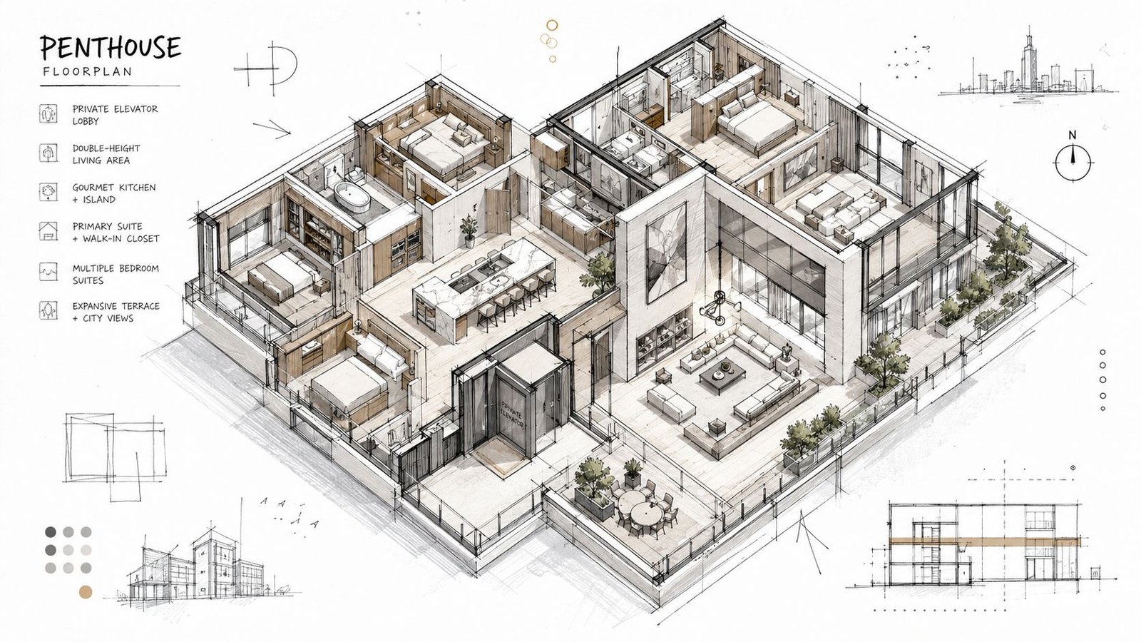 A detailed 3D architectural floor plan of a luxurious, modern penthouse apartment featuring multiple bedrooms and terraces.