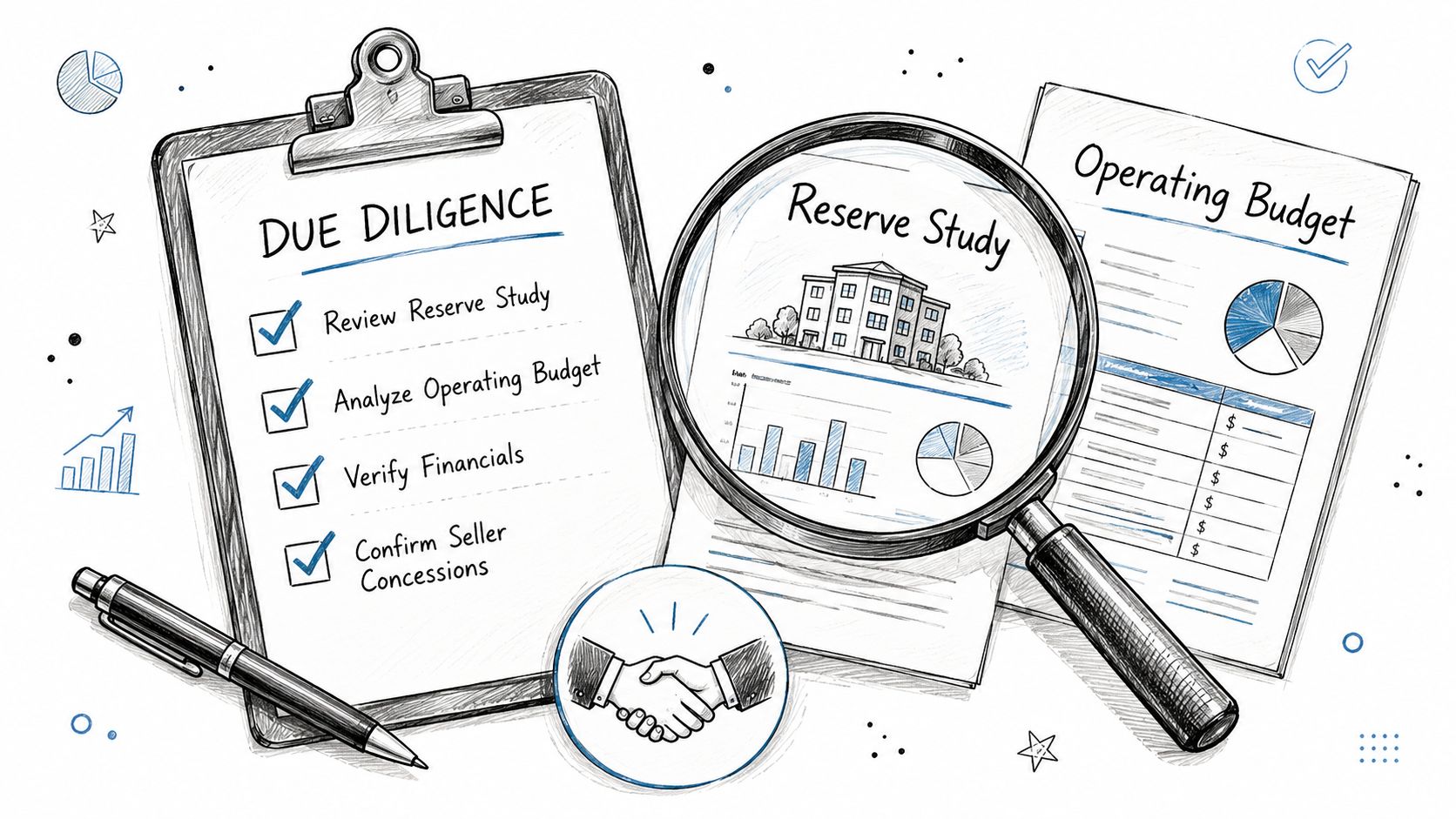 A checklist labeled due diligence alongside a magnifying glass looking at a reserve study and operating budget.