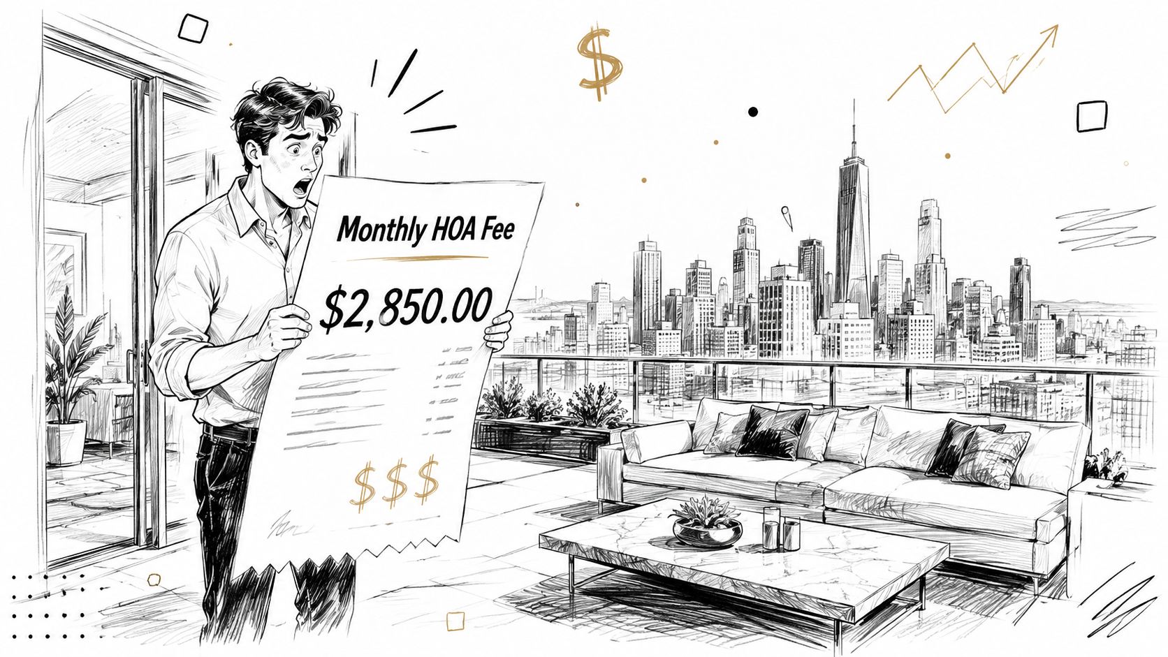 A shocked man holding a document showing an expensive monthly HOA fee on a penthouse balcony.