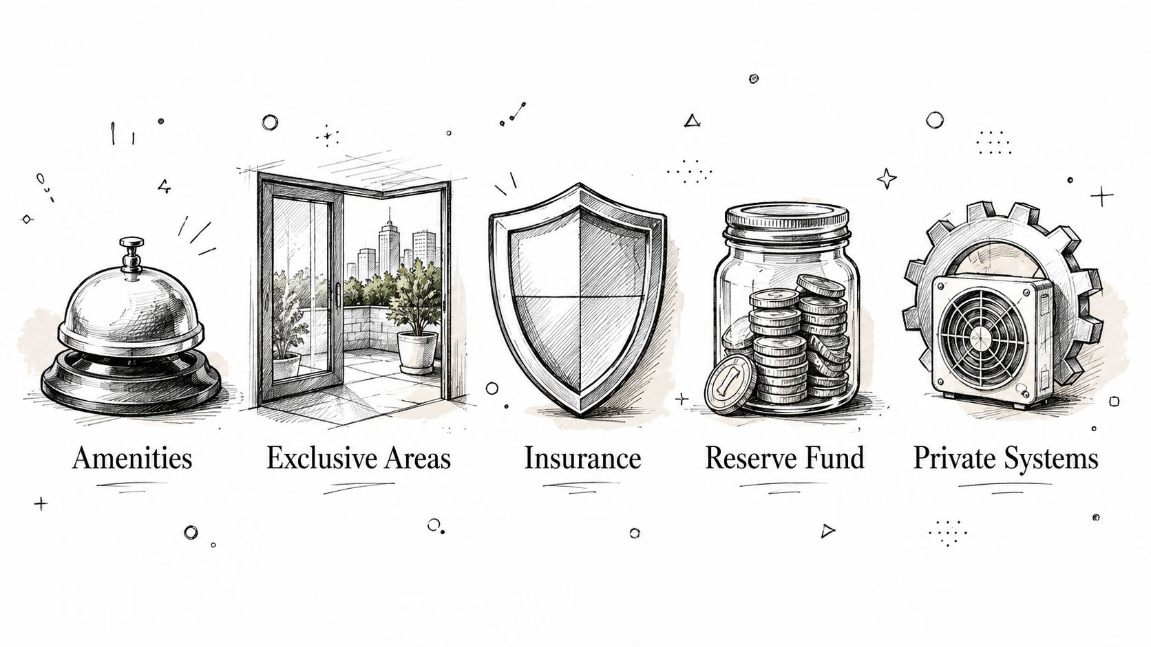 A hand-drawn illustration depicting five key aspects of property management including amenities, exclusive areas, insurance, reserve fund, and private systems.