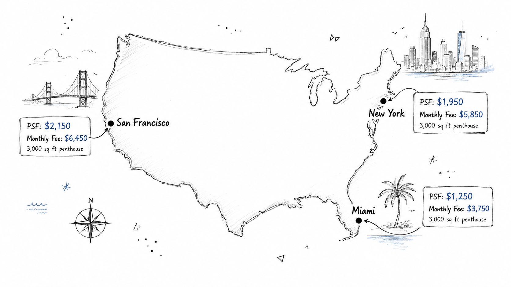 A map of the United States showing penthouse HOA monthly fee costs in San Francisco, New York, and Miami.