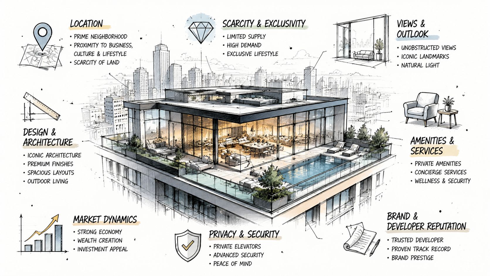 A detailed infographic illustrating the key factors influencing luxury penthouse prices and real estate value propositions.