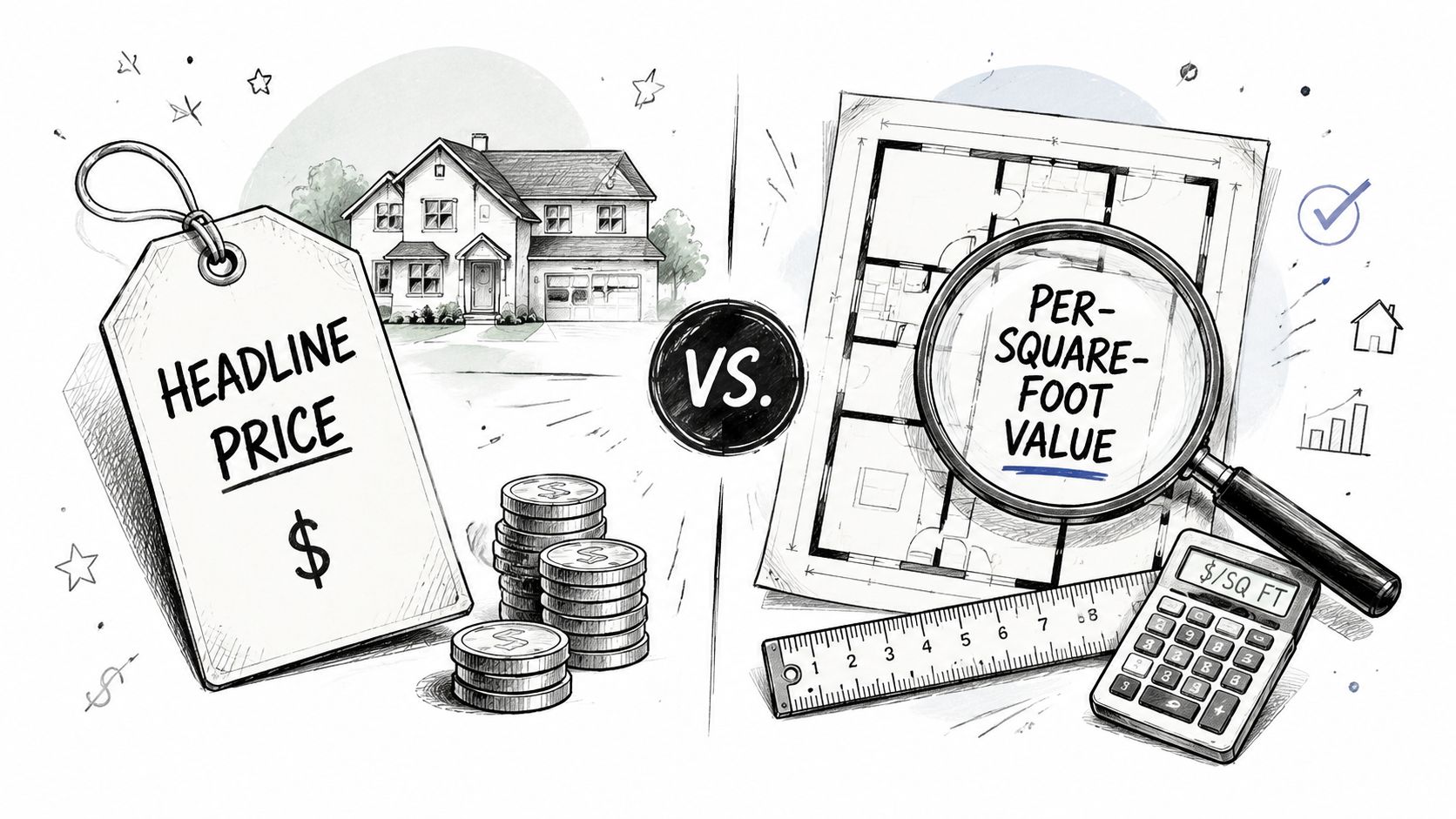 A conceptual comparison between house headline price and per-square-foot value using a price tag and a magnifying glass.